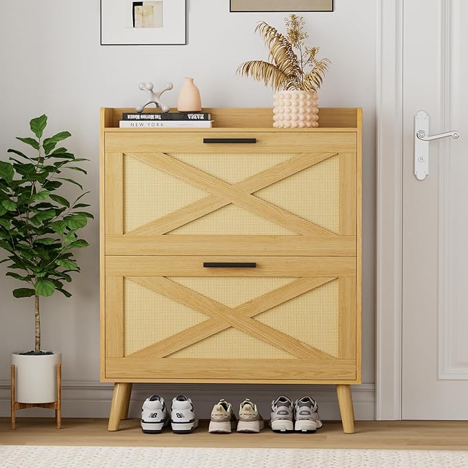 32" W Farmhouse Shoe Storage Cabinet with 2 Flip Drawers and Barn Door Design, Adjustable Shelves, Hidden Slim Narrow Shoe Rack Cabinet for Entryway, Foyer, Hallway, Living Room, Natural