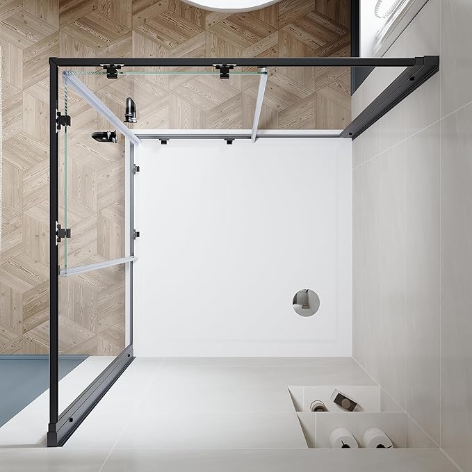 SUNNY SHOWER Corner Shower Door 34 in.D x 34 in. W x 72 in. H Opening Sliding Shower Enclosure 1/4 inch inch Tempered Glass Framed Sliding Shower Stalls in Black Double Sliding Shower Door