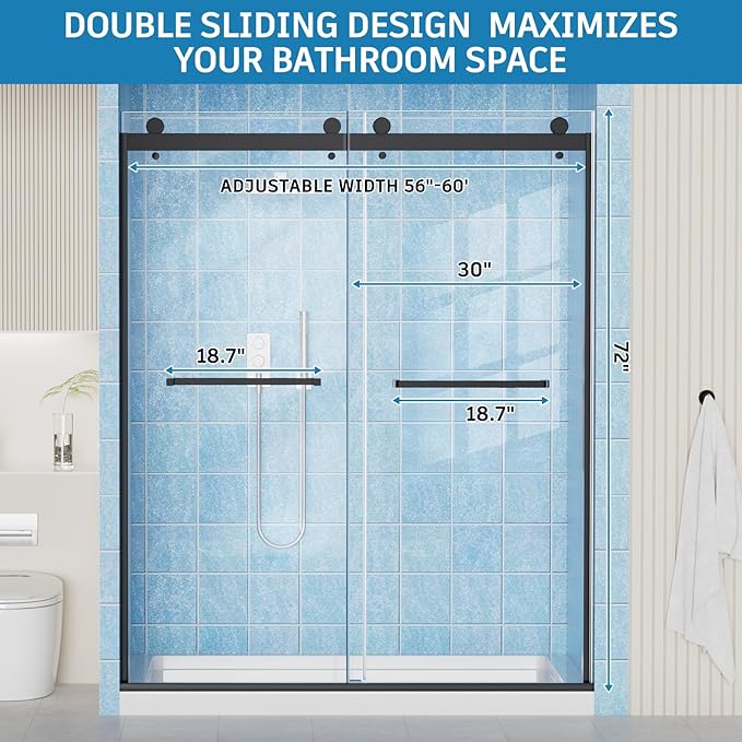 Frameless Shower Door, 56-60" W x 72" H Double Sliding Shower Doors, 1/4" (6mm) Thick Tempered Clear Glass Door with Explosion-Proof Film Nano Coating, Stainless Steel Hardware, Matte Black