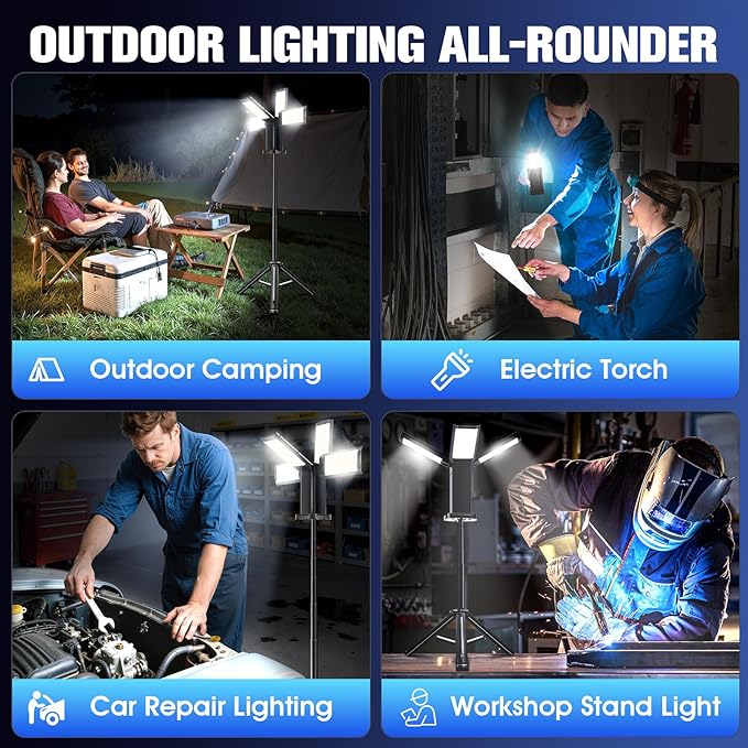 Upgraded Portable Work Light with Remote,4 Head Camping Light with Stand,8000LM Cordless LED Work Lights, Bright Telescopic Camping Lights, 67" Portable Tripod Work Light for Outdoor, Jobsite