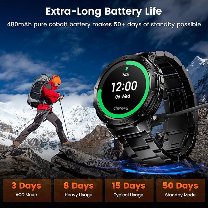 Smart Watches for Men GPS, Pressure,Altitude,Compass, 480mAh Extra-Large Battery, 50M Waterproof, Full Metal Body Rugged Smartwatch, Answer/Make Call,1.43" AMOLED Display (Black)