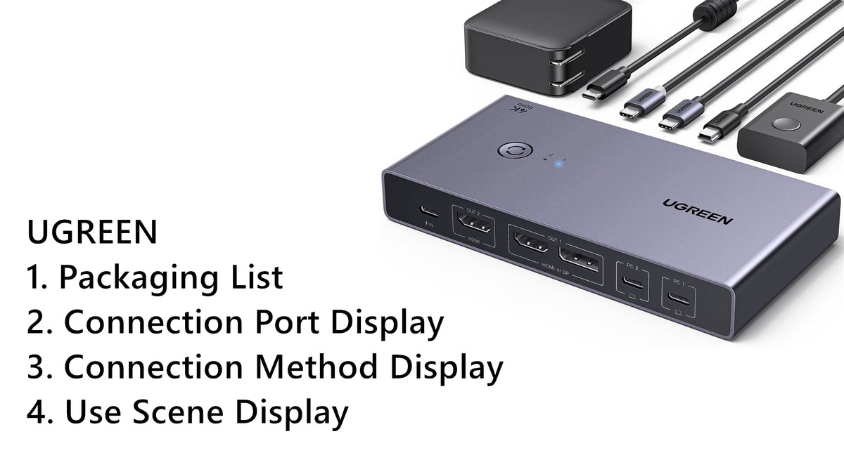 UGREEN USB-C KVM Switch 2 Monitors 2 Laptops, 4K@60Hz, with 4 USB 3.0 Ports