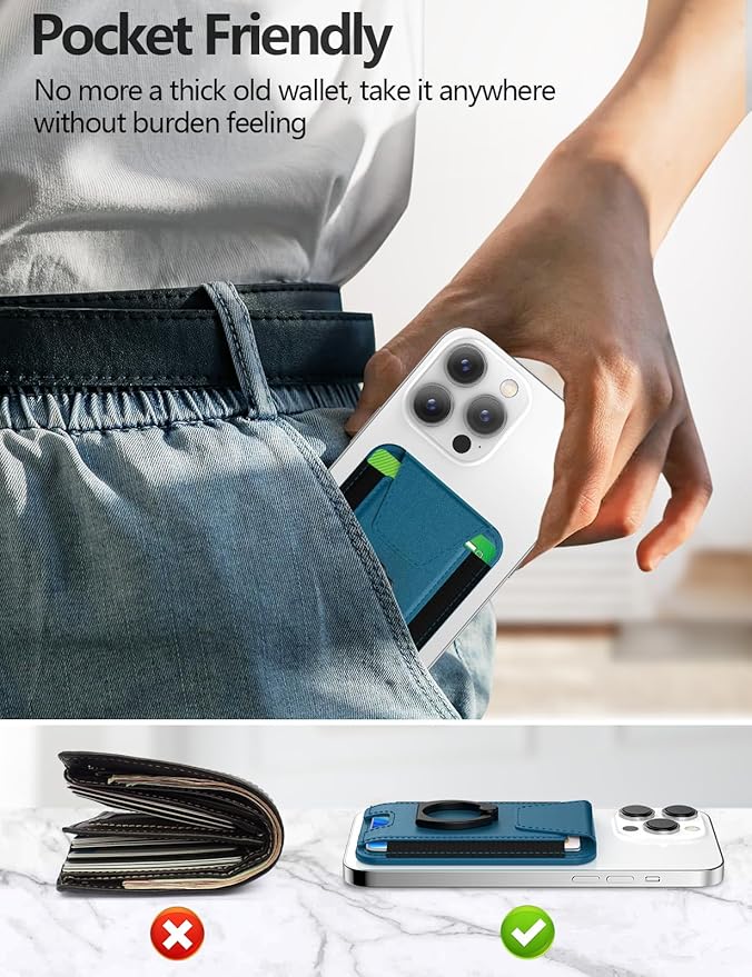 For Magsafe Wallet with Grip, 6-Card Holder, Stronger Magnetic Card Wallet Holder for iPhone 17/16/15, iPhone 14/13/12 Series, Leather Magnetic Phone Wallet with Privacy Flap, RFID Blocking, Blue