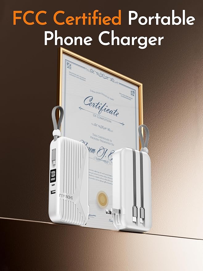 27W Portable Charger with Wall Plug Power Bank for iphone, Portable Charger 10000mAh with Built-in Cables, LED Display and 4 Outputs 2 Inputs Portable Charger for iPhone 17 16 Samsung Galaxy iPad