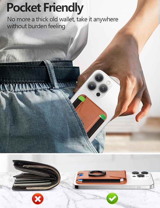 For Magsafe Wallet with Grip, 6-Card Holder, Stronger Magnetic Card Wallet Holder for iPhone 17/16/ 15, iPhone 14/13/12 Series, Leather Magnetic Phone Wallet with Privacy Flap, RFID Blocking, Brown