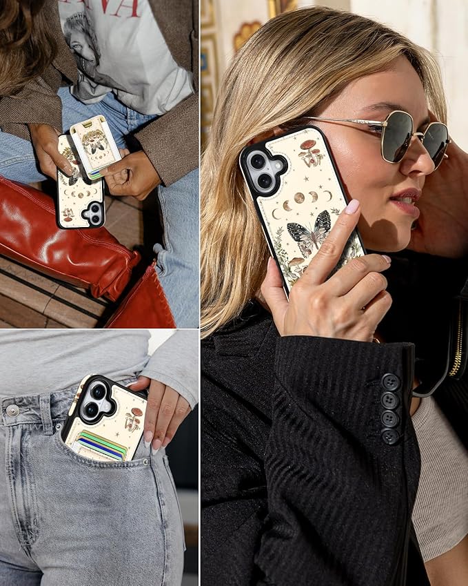 Shorogyt for iPhone 16 Wallet Case - Fits 5 Cards, Compatible with Magsafe Detachable Magnetic Credit Card Holder Leather Cardholder Cute Phone Cover Women Girls for Apple 16, Moon Butterfly