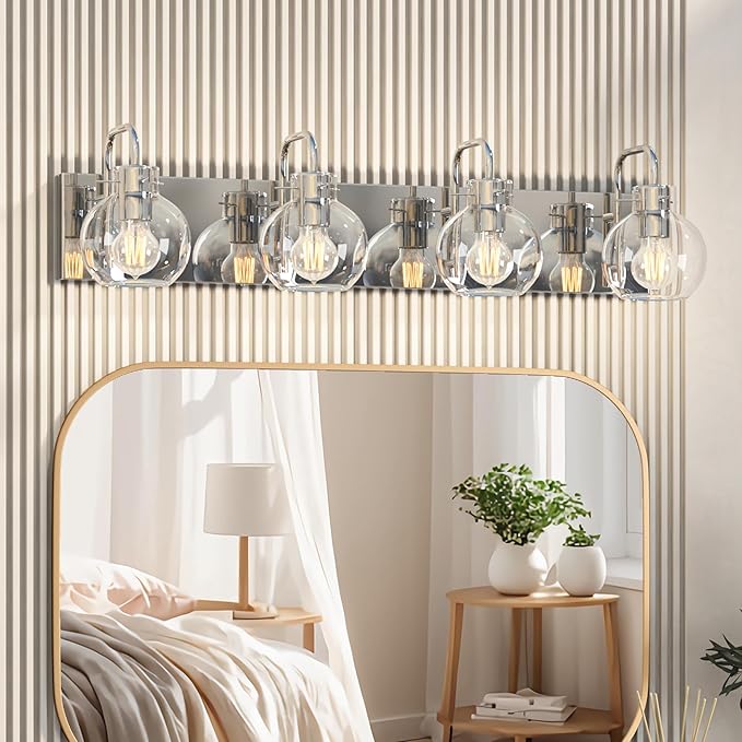 Brushed Nickel Bathroom Light Fixtures, 4-Light Modern Vanity Light Over Mirror, Wall Sconces with Frosted Glass Shades, E26 Socket (Bulbs Not Included)