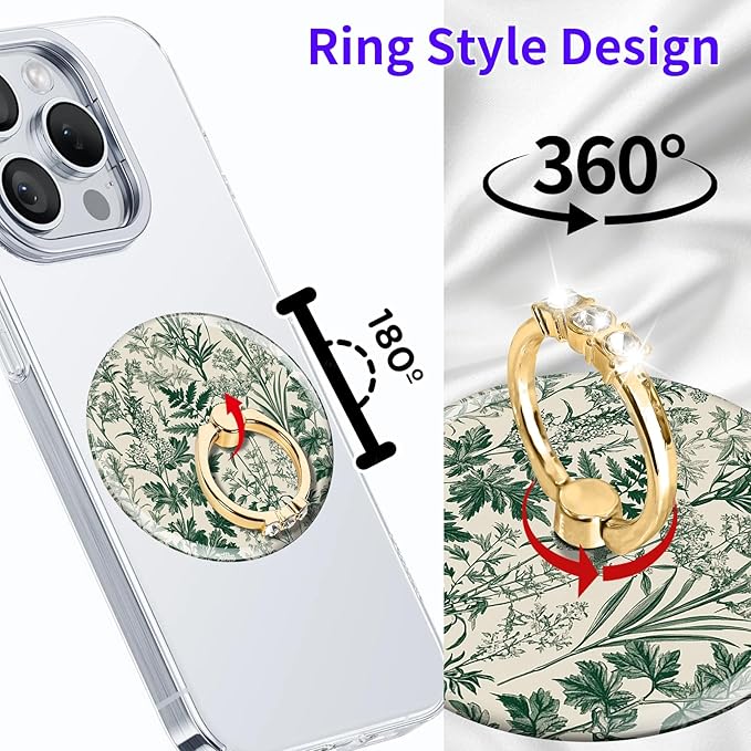 Magnetic Phone Ring Holder Compatible with MagSafe, Cute Phone Grip Stand with 360° Rotation Gold Glitter Finger Ring Kickstand Accessories for Most Phones Cute Green Flower