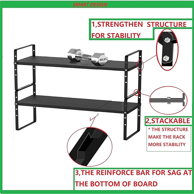 Expandable Stackable Spice Rack Cabinet Shelf Organizer in Cabinets Shelves Kitchen Cupboard Organization Stack up Racks Pantry Countertop Storage Medium/Black 3 Packs