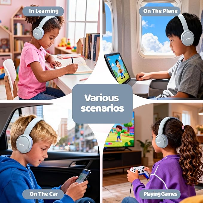MIDOLA Headphones For Kids Bluetooth 5.4 Wireless 68H Play Time Volume Limit 85/94dB Over-Ear Foldable Headset,with Mic Wired Aux for Toddler Child Boy Girl School Pad Tablet Light Silver(Gray)/Purple