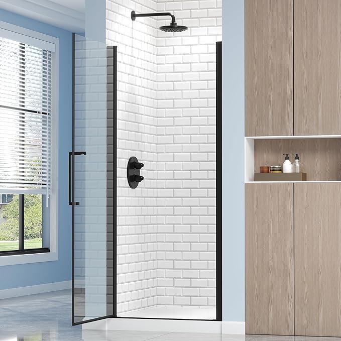 Frameless Pivot Shower Door 34.8-36" W X 72" H, 1/4" (6mm) Clear SGCC Tempered Glass, Hinged Pivot Swing Shower Door, Reversible Installation, Easy to Clean, Matte Black