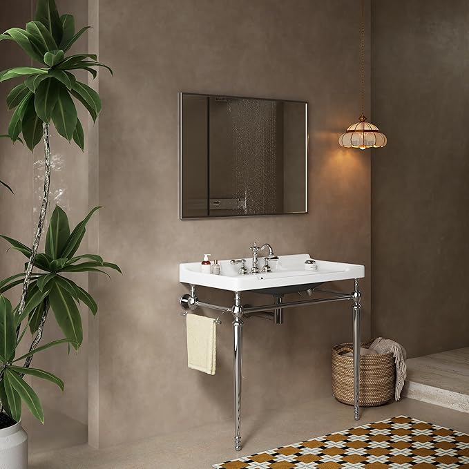 36" Bathroom Console Sink, Wall-Mounted White Ceramic Vanity Basin with 3 Pre-drilled Faucet Holes, Freestanding Chrome Stainless Steel Support Legs with Towel Bar, No Faucet - Rome, White