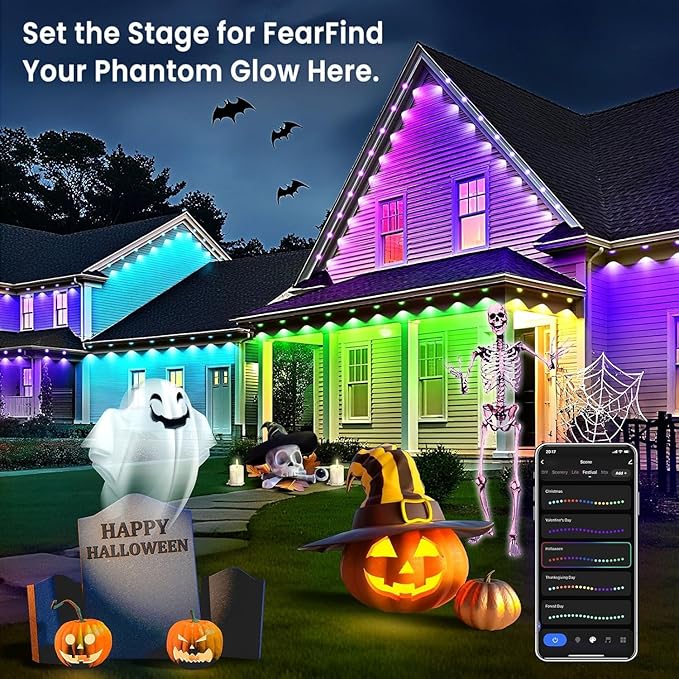 permanent outdoor lights with App &P67 Waterproof Smart Eave Lighting, with App/Remote Control Eaves Light, DIY LED Scenes Modes for Christmas,Halloween,Daily & Holiday Party Decor,House Roof Lighting