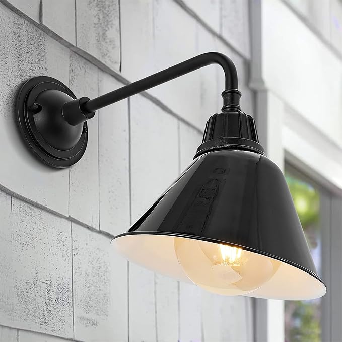 JONATHAN Y JYL7612B Croydon 9.63" 1-Light Farmhouse Industrial Indoor/Outdoor Iron LED Gooseneck Arm Outdoor Sconce Metal Bell Shade Vintage Cottage Rustic Porch Patio Yard Barn, Black