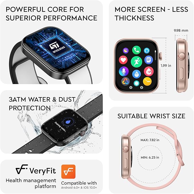 OCTANDRA Beyond VeryFit Smart Watch for Men Women 1.99" AMOLED Screen AI Voice 3ATM Fitness Tracker Watch Heart Rate/Blood Pressure/Oxygen Saturation/Stress/Step/Sleep Monitor (GTX12) (Black & Grey)