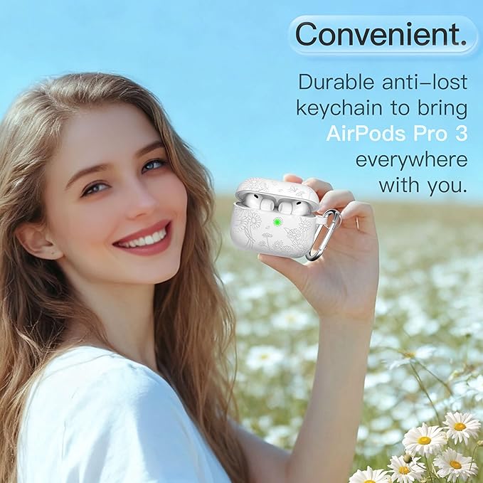 for AirPods Pro 3 Case (2025) DamonLight Daisy Floral Engraved Shockproof Protective Soft Silicone Case Cover with Cleaning Pen and Keychain for Apple Airpods Pro 3rd Generation(White)