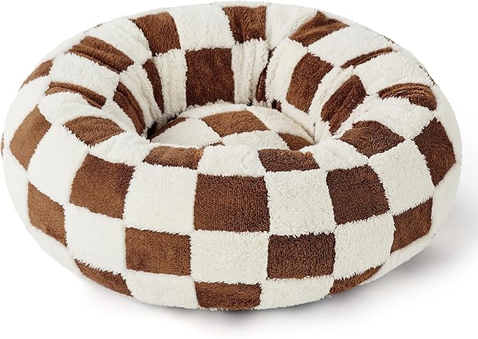 LE SURE Donut Cat Beds for Indoor Cats - Small Round Dog Bed for Calming Pets with Washable Cover, Cute Modern Puppy Beds with Jacquard Shaggy Plush & Anti Slip Bottom, 20 Inch, Brown