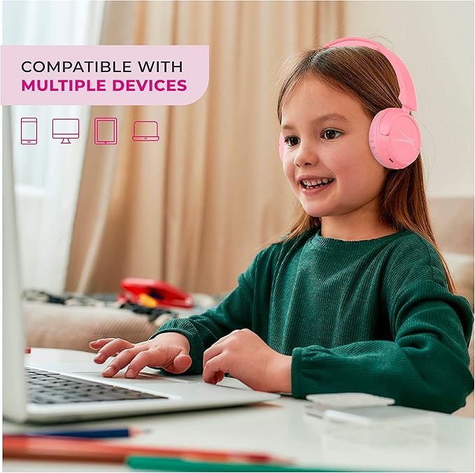Altec Lansing Over The Ears Kids Headphones - Volume Limiting Technology for Developing Ears, Ages 3-5, Perfect for Learning from Home, Pink