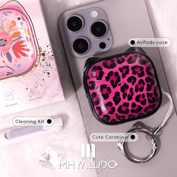 for AirPods 4 Case with Cleaning Kit, Cute Cat Ear Print Design & Cute Buckle, Inverted Phone Holder Design, Top Safe Lock Buckle Design, for Girls AirPods 4 case 2024, Rose Leopard