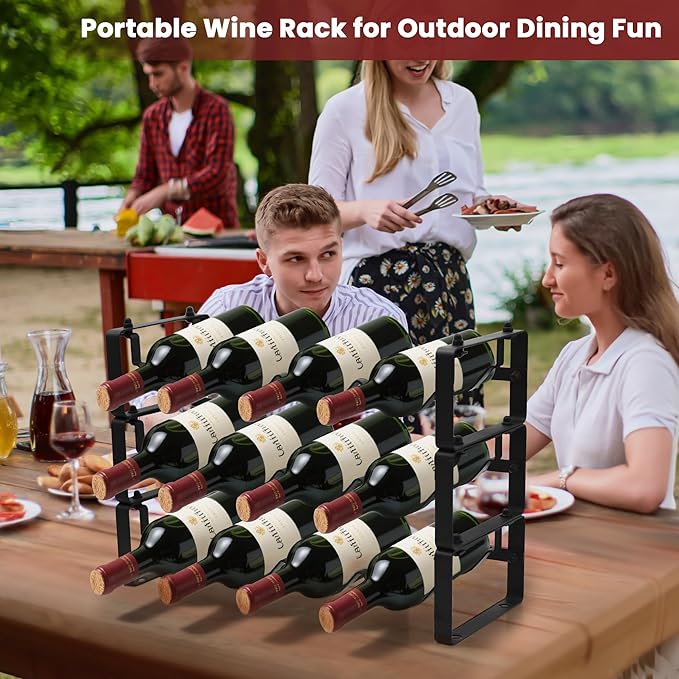 Black Wine Rack for 12 Bottles – Stackable & Expandable Metal Wine Bottle Holder for Bar Counter, Cabinet, Pantry, or Small Spaces – Modern Freestanding Wine Storage Shelf (3 Tier, Black)