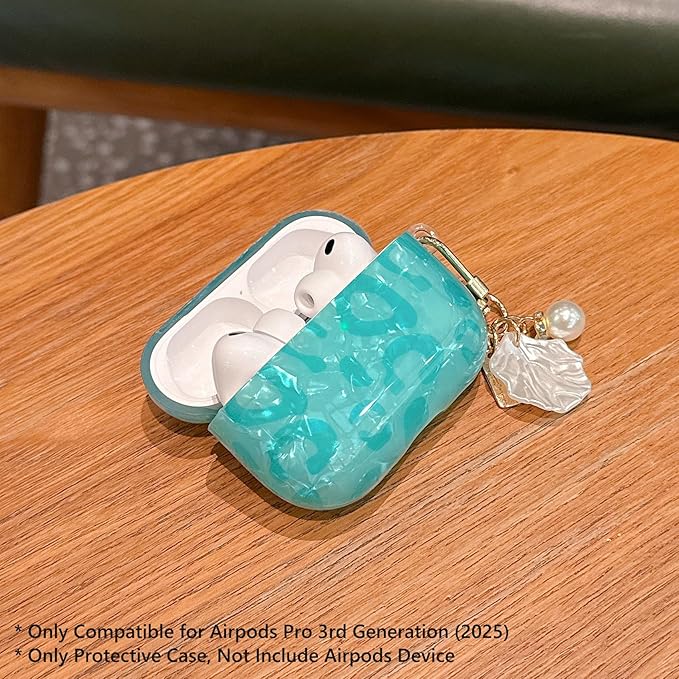 for Airpod Pro 3 Case 2025 Cute Luxury Leopard Hard TPU Protective Cover with Shell Pearl Keychain Compatible with AirPods Pro 3rd Generation for Girls Women (Turquoise Blue)