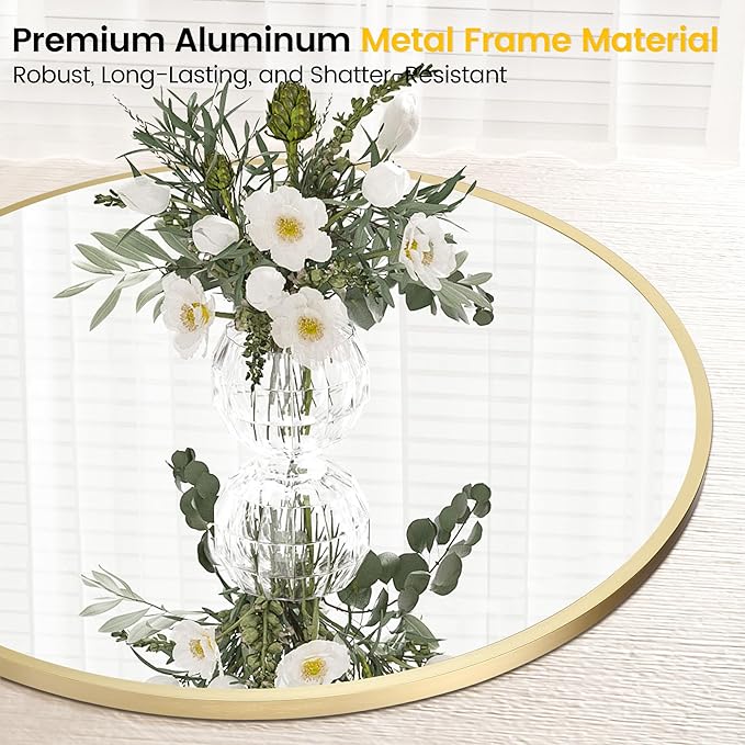 30 in Round Mirror for Wall, Gold Metal Frame Circle Mirror, Round Bathroom Mirror for Wall Decor, Mirror for Entryway, Vanity, Bedroom, Easy to Install