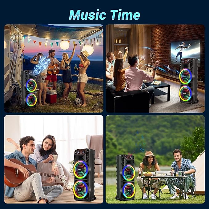 Wireless Bluetooth Party Speaker with Dual 12 Inches Woofers, Portable Karaoke Speaker System, Microphone & Remote, RGB LED Lights, Karaoke Machine with Bass, AUX/USB/TF/TWS/Echo, FM Radio