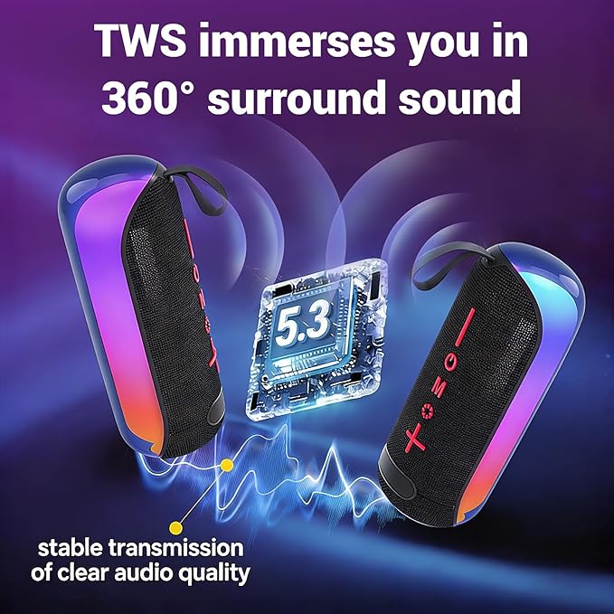 T&G Portable Bluetooth Speakers with Colorful Lights, Powerful Stereo Loud Sound Wireless Speaker, Outdoor Party Speaker, IPX4 Waterproof, Up to 24H Playtime, for Outdoor/Home/Party/Beach