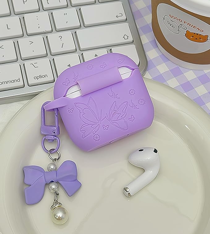 for Airpods 4 Case Cover with Bow Keychain, DamonLight Cute Flower Floral Engraved Silicone Protective Case Cover Compatible with Apple Airpods 4 Case 2024 for Women and Girls, Purple