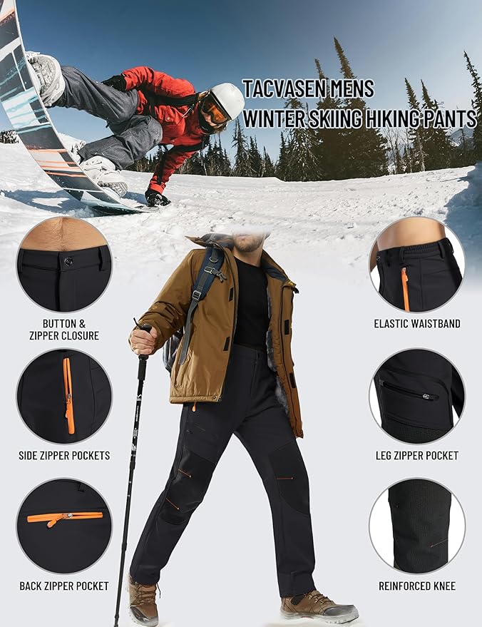 TACVASEN Men's Snow Ski Pants Fleece Lined Winter Pants for Men Water Resistant Thermal Snowboard Hiking Hunting Work