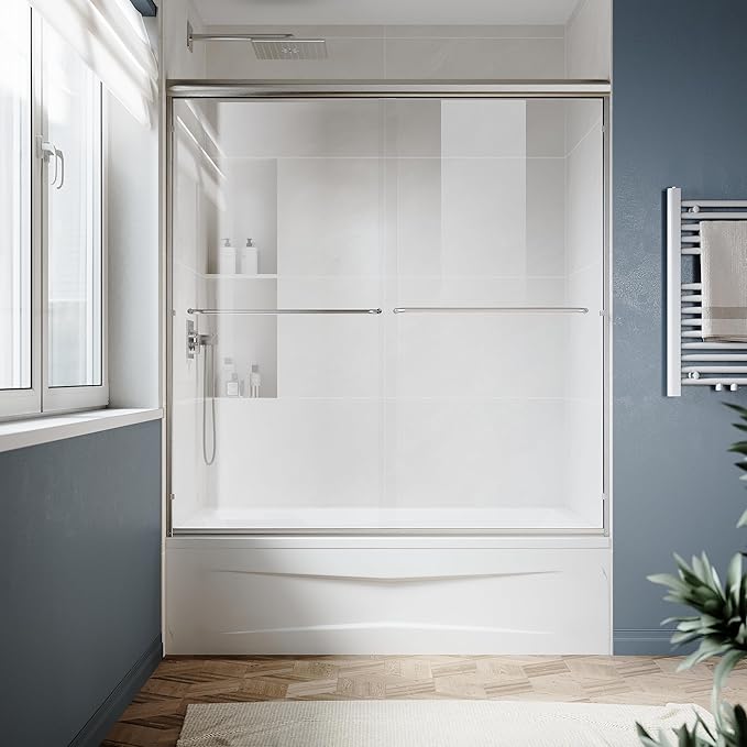 SUNNY SHOWER Double Sliding Glass Door 60" W x 62" H Shower Door 1/4" Tempered Glass Sliding Door Semi-Frameless Shower Glass Enclosure Bypass Walk in Shower Cabin, Brushed Nickel