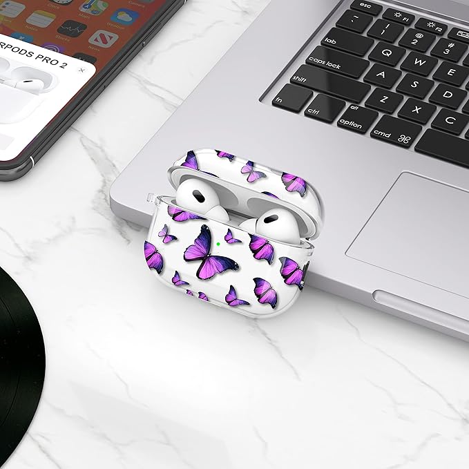 Maxjoy for AirPods Pro 2nd Generation Case, Clear AirPods Pro 2 Case for Women Men Cute Protective AirPod Pro 2 Cover with Keychain Strap for AirPod Pro 2nd Gen Cover 2023/2022, Purple Butterfly
