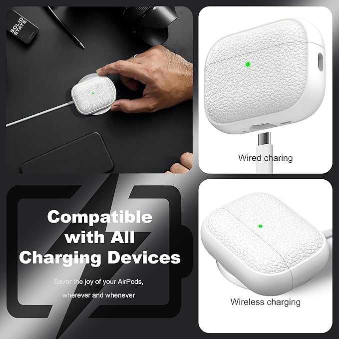 R-fun for AirPods Pro 3 Case 2025, Soft TPU (Leather-Like Design) Drop Protection Cover for Men and Women with Lanyard and Cleaner Kit, Compatible with Apple AirPods Pro 3rd Generation-White