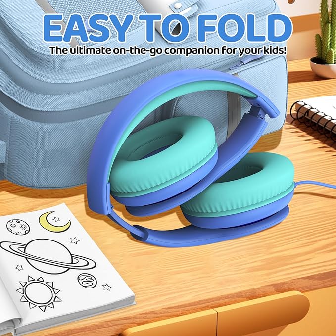 Wired Headphones for Kids, 85dB Volume Limit, 3.5mm Kids Headphones with Cord, Adjustable, Stereo Sound Foldable Toddler headsets for School-Blue