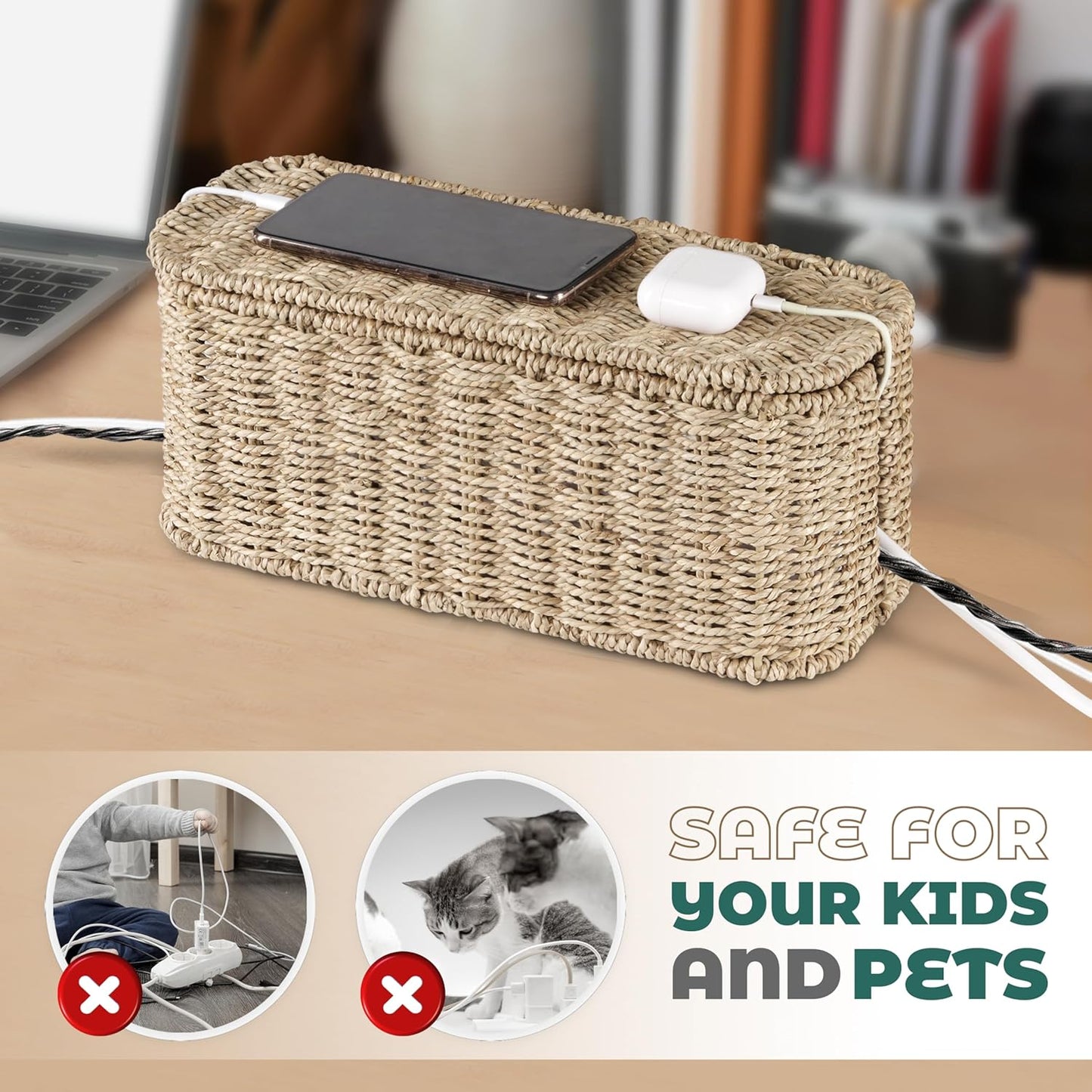 Natural Rattan Cable Management Box Set – 2 Sizes, Cord Hider for Power Strip, TV & Desk | Techloop Living