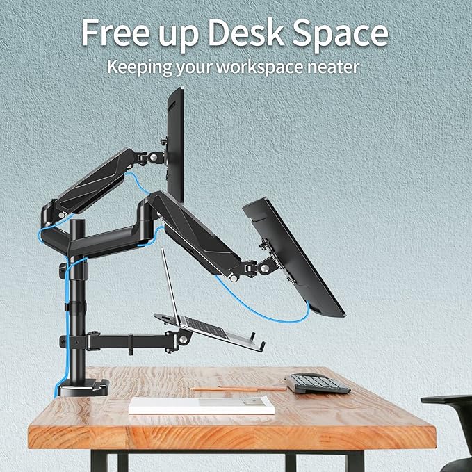 MOUNTUP Dual Monitor and Laptop Mount, Gas Spring Monitor Stand for 2 Max 27" Computer Screens, Laptop Tray Fits 10-17inch Notebook, Holds 4.4-17.6lbs Per Arm, 3-in-1 Adjustable Monitor Desk Mount