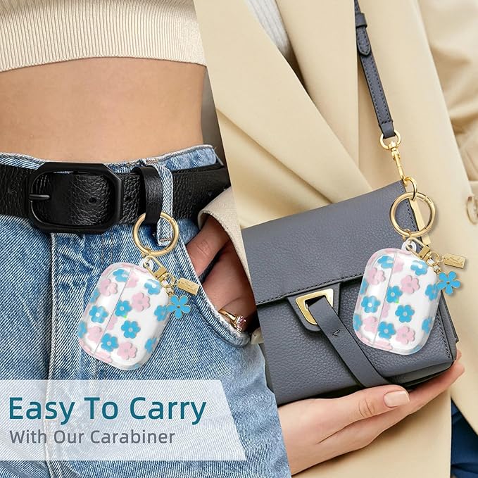 Compatible with AirPods Pro 2 Case Cover 2022, Soft TPU with Cute Flower Pattern for AirPods Pro 2nd/1st Generation Case with Flower Keychain and Carabiner for Girls Women (Blue)
