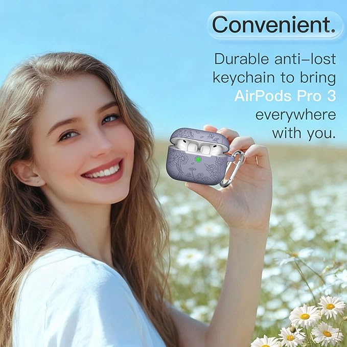 for AirPods Pro 3 Case (2025) DamonLight Daisy Floral Engraved Shockproof Protective Soft Silicone Case Cover with Cleaning Pen and Keychain for Apple Airpods Pro 3rd Generation (Lavender Gray)