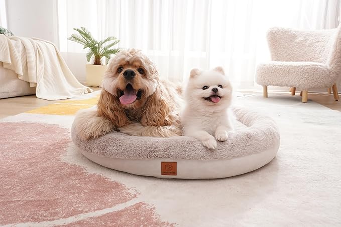 Round Donut Dog Bed – Luxury Orthopedic Dog Beds with Memory Foam – Calming Bolster Pet Bed, Water-Resistant, Washable Plush Cover, YKK Zipper – Small Dogs & Cats (21 Inches)