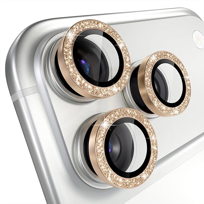Misea Compatible for iPhone 17 Pro/iPhone 17 Pro Max Camera Lens Protector Bling, 9H Tempered Glass Camera Cover Screen Protector Metal Individual Ring Decoration Accessories, Gold Glitter