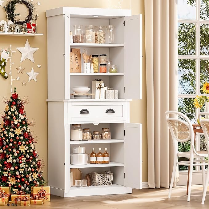 YESHOMY 72" Tall Storage Cabinet with Adjustable Shelves, Kitchen Pantry, Large Cupborad with 1 Drawer, Metal Handle, for Living Room, Bathroom, White