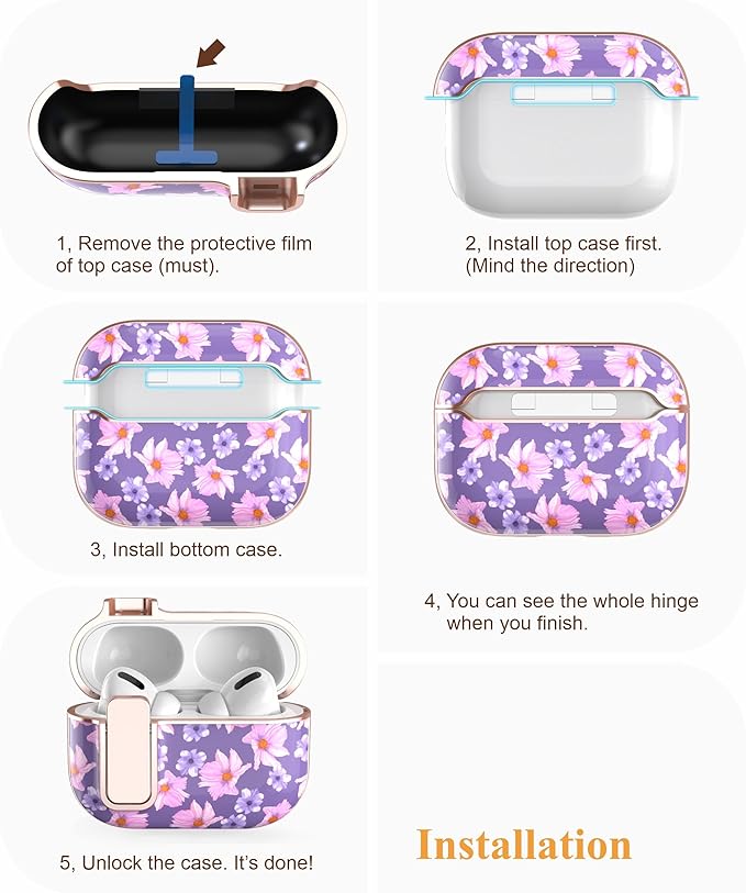 TATOFY for AirPods Pro 2nd Generation Case with Lock Carabiner Cleaner, Slim AirPod Pro 1st & 2nd Hard Case Cover, Compatible with MagSafe (Purple)