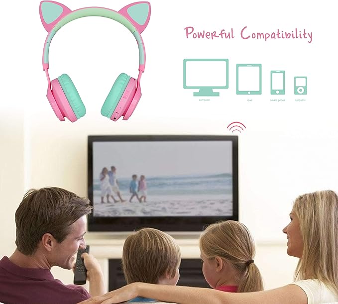 Riwbox CT-7 Cat Ear Bluetooth Headphones, LED Light Up Bluetooth Wireless Over Ear Headphones with Microphone and Volume Control for Travel/School/Smartphones/Laptop/PC/TV (Pink&Green)