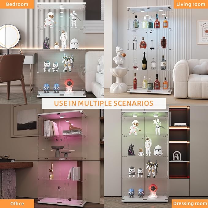 LFT HUIMEI2Y Glass Display Cabinet with LED Lights and Lock, 2 Door Curio Cabinets, Tempered Glass Collection Display Showcase for Bedroom, Living Room 65” White