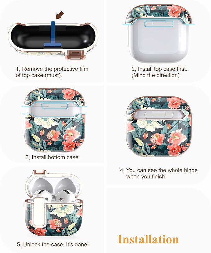 TATOFY Cover for AirPods Pro 4th Generation Case with Lock Clip Cleaner Kit Slim Hard AirPod 4 Lock Case Compatible with MagSafe (Blue)