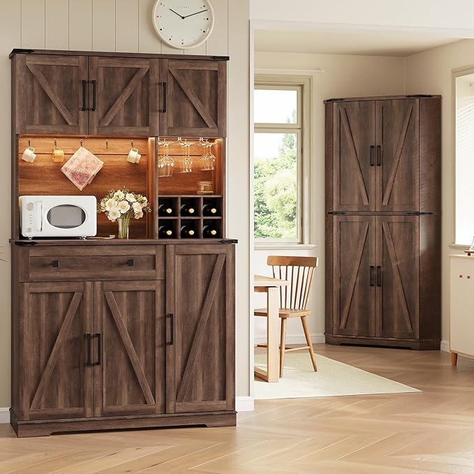 Dripex 71" Corner Cabinet Brown, Farmhouse Kitchen Pantry Cabinet with Doors Storage & Adjustable Shelves, Tall Corner Storage Cabinet with LED Light, Food Pantry for Living Room, Dining Room