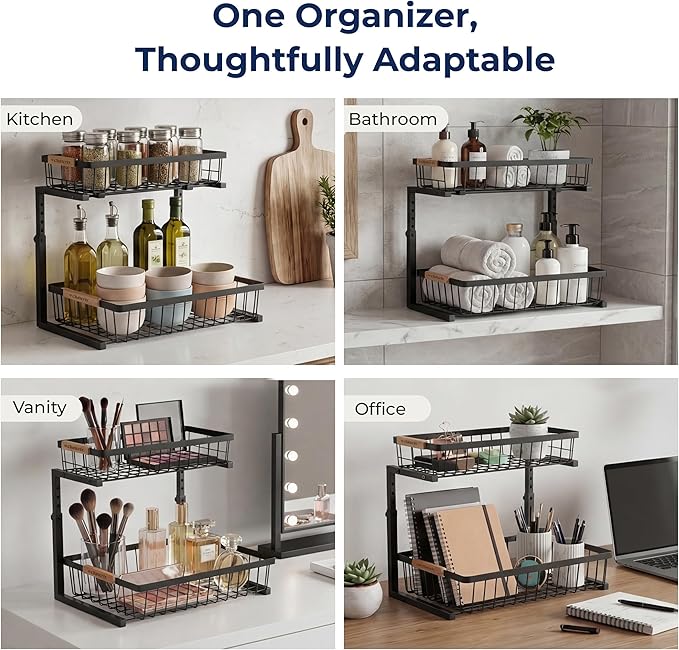 Under Sink Organizer, 2 Pack, 2 Tier Sliding L-Shaped Carbon Steel Rack with Adjustable Height, Motion-Activated LED Lights, Dividers & Hooks (Black)