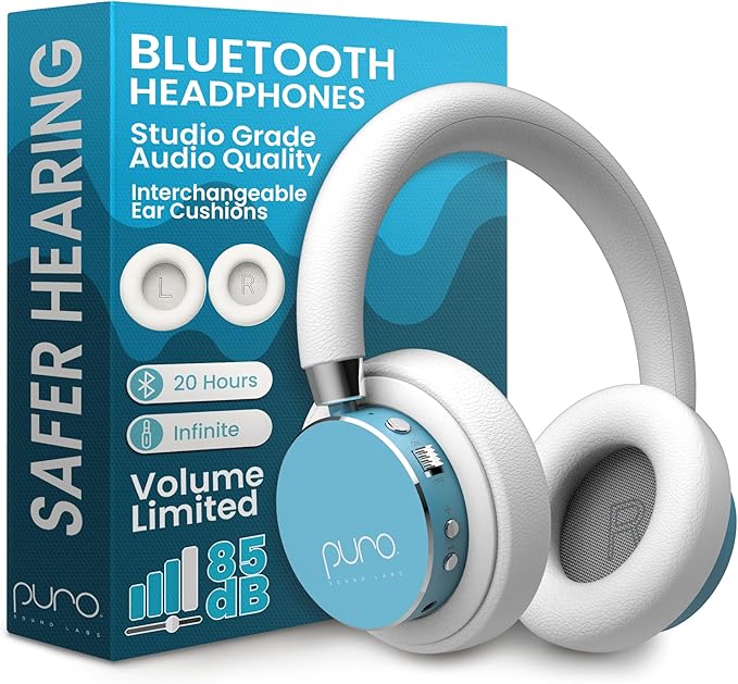 Puro Sound Labs BT2200 Plus Volume Limited Headphones for Kids, Bluetooth, Studio-Grade Audio, Over-Ear & Comfy Design, 20-Hr Battery Life, Easy to Connect Wireless Headphones for Kids, Purple & Teal