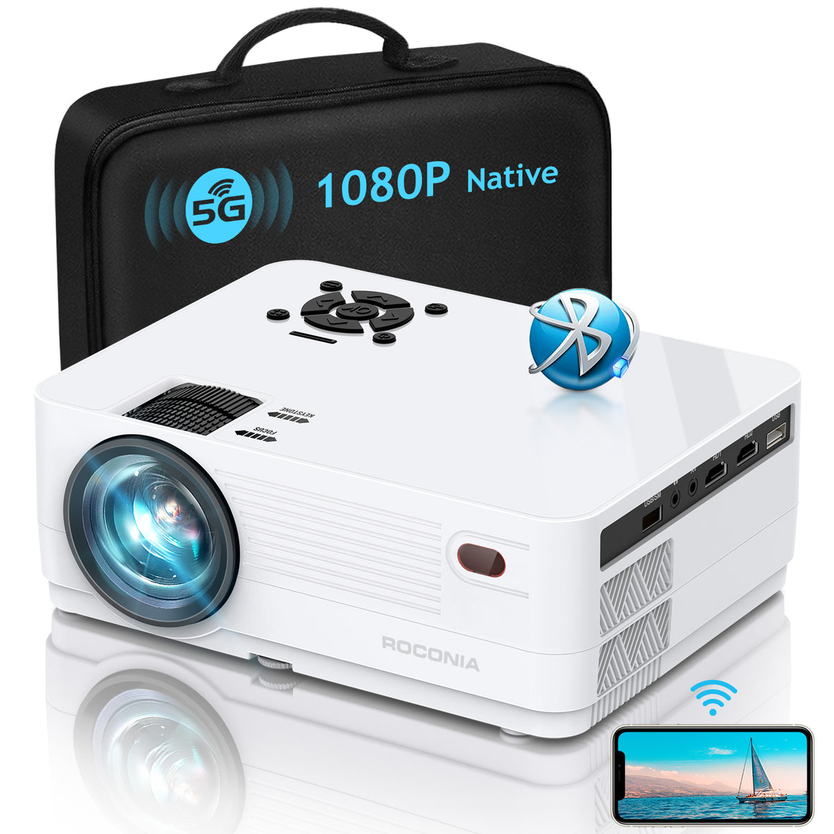 Roconia 5G WiFi Bluetooth Native 1080 Projector, 18000LM Full HD Movie Projector, 300" Display Support 4k Home Theater, Compatible with iOS/Android/XBox/PS4/TV Stick/HDMI/USB (White)