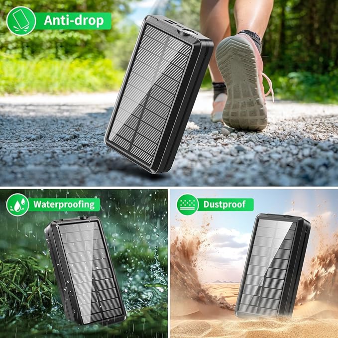 Solar Power Bank 52800mAh 5V/3A Fast Charging Battery Pack with Built in 4 Cables 2 Outputs & LED Flashlight for Cell Phone Camping and Hiking